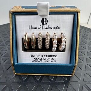 House of Harlow 1960 Set of 3 Earrings Glass‎ Stones Lead Nickel Free Gold Hoop